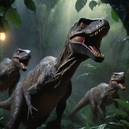 Illustrate a chilling image of multiple Raptors surrounding the Jurassic Park guard, their glowing eyes and sharp teeth highlighted in the dim jungle light, creating a suspenseful atmosphere.