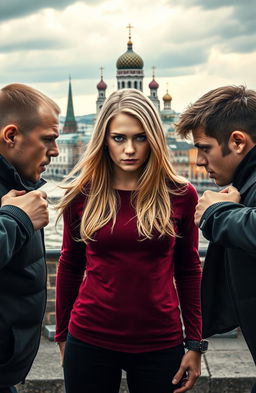 A beautiful blonde girl with blue eyes standing confidently in the center of the image, exuding an aura of determination