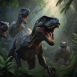 Illustrate a chilling image of multiple Raptors surrounding the Jurassic Park guard, their glowing eyes and sharp teeth highlighted in the dim jungle light, creating a suspenseful atmosphere.