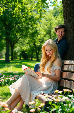 A dreamy blonde girl with blue eyes is sitting on a bench in a park, deeply engrossed in reading a book