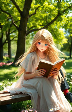 A dreamy blonde girl with blue eyes is sitting on a bench in a park, deeply engrossed in reading a book