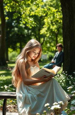 A dreamy blonde girl with blue eyes is sitting on a bench in a park, deeply engrossed in reading a book