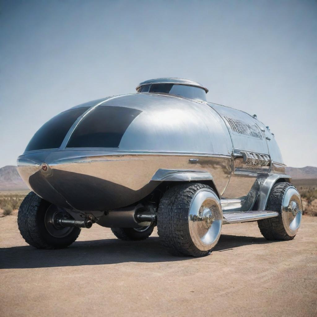 An Atompunk armored vehicle, celebrating the retro-futuristic vibe of the Atomic Age. The vehicle features smooth, streamlined shapes, chrome-plated, shiny exterior, jet propulsion, stylized atomic motifs, and an array of blinking dials and switches in a simplistic interior