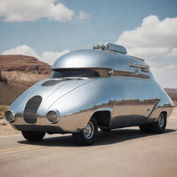 An Atompunk armored vehicle, celebrating the retro-futuristic vibe of the Atomic Age. The vehicle features smooth, streamlined shapes, chrome-plated, shiny exterior, jet propulsion, stylized atomic motifs, and an array of blinking dials and switches in a simplistic interior