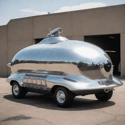 An Atompunk armored vehicle, celebrating the retro-futuristic vibe of the Atomic Age. The vehicle features smooth, streamlined shapes, chrome-plated, shiny exterior, jet propulsion, stylized atomic motifs, and an array of blinking dials and switches in a simplistic interior