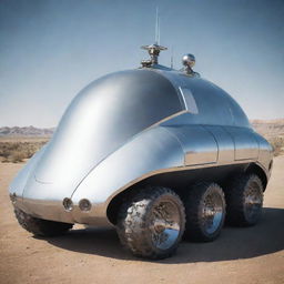 An Atompunk armored vehicle, celebrating the retro-futuristic vibe of the Atomic Age. The vehicle features smooth, streamlined shapes, chrome-plated, shiny exterior, jet propulsion, stylized atomic motifs, and an array of blinking dials and switches in a simplistic interior