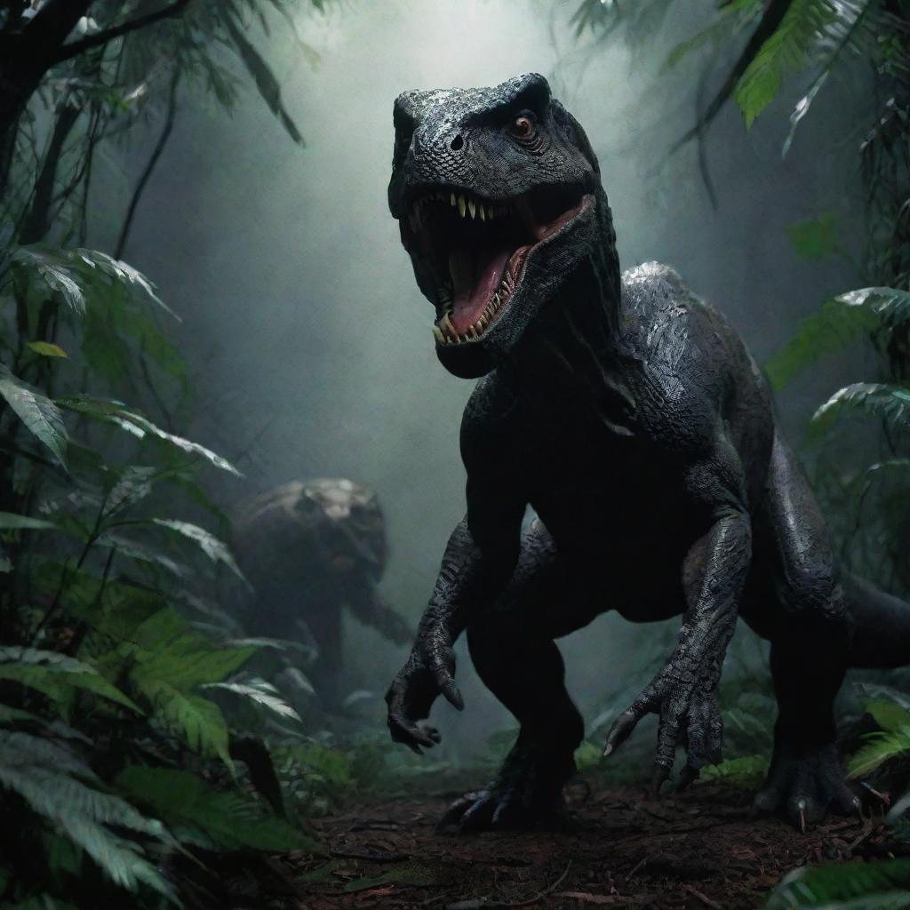 Craft a tragic image of the fallen Jurassic Park guard in the dense jungle, the ominous shadow figures of the Raptors - victors of their attack - blending into the surrounding darkness.