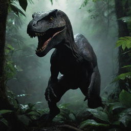 Craft a tragic image of the fallen Jurassic Park guard in the dense jungle, the ominous shadow figures of the Raptors - victors of their attack - blending into the surrounding darkness.