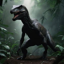 Craft a tragic image of the fallen Jurassic Park guard in the dense jungle, the ominous shadow figures of the Raptors - victors of their attack - blending into the surrounding darkness.