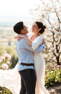 A warm and romantic scene of a married couple embracing each other in a loving hug