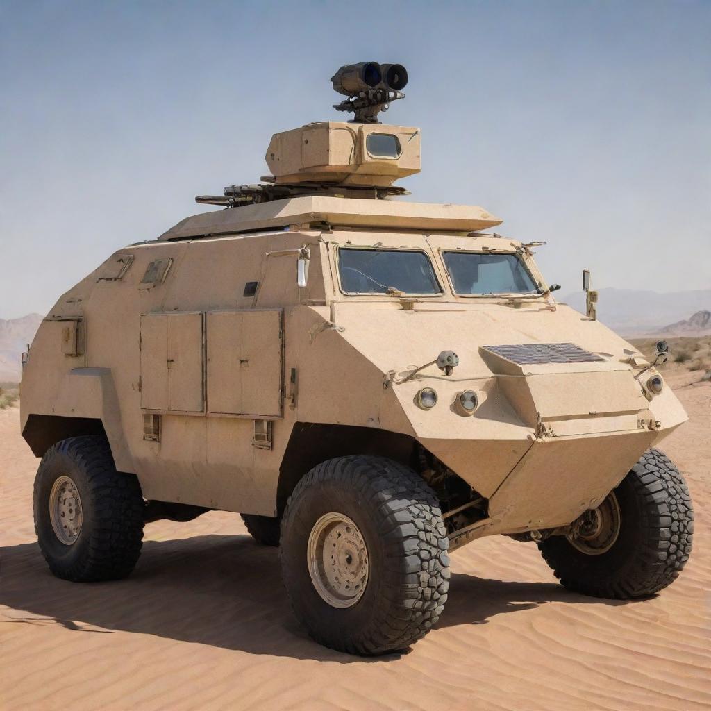 A Desertpunk armored vehicle, built to survive harsh desert conditions. The vehicle displays a sand-coated exterior for camouflage, large, wide wheels for sand navigation, additional water supplies, solar panels for energy, and sleek armor for defense against desert outlaws