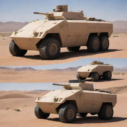 A Desertpunk armored vehicle, built to survive harsh desert conditions. The vehicle displays a sand-coated exterior for camouflage, large, wide wheels for sand navigation, additional water supplies, solar panels for energy, and sleek armor for defense against desert outlaws