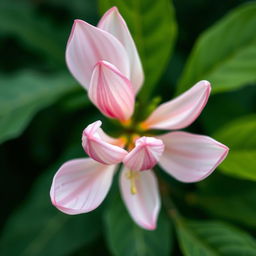 A close-up, artistic rendering of a vibrant flower, resembling a blooming pussy willow, with soft, delicate petals in shades of pink and white, surrounded by lush green leaves