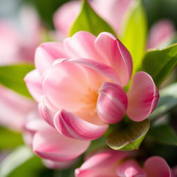 A close-up, artistic rendering of a vibrant flower, resembling a blooming pussy willow, with soft, delicate petals in shades of pink and white, surrounded by lush green leaves