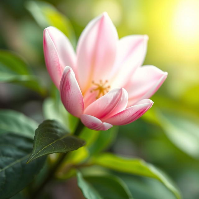 A close-up, artistic rendering of a vibrant flower, resembling a blooming pussy willow, with soft, delicate petals in shades of pink and white, surrounded by lush green leaves