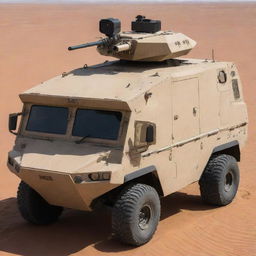 A Desertpunk armored vehicle, built to survive harsh desert conditions. The vehicle displays a sand-coated exterior for camouflage, large, wide wheels for sand navigation, additional water supplies, solar panels for energy, and sleek armor for defense against desert outlaws