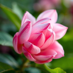 A close-up, artistic rendering of a vibrant flower, resembling a blooming pussy willow, with soft, delicate petals in shades of pink and white, surrounded by lush green leaves