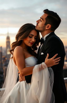 A romantic scene featuring a couple embracing tenderly, with the handsome man gently kissing the forehead of the beautiful woman