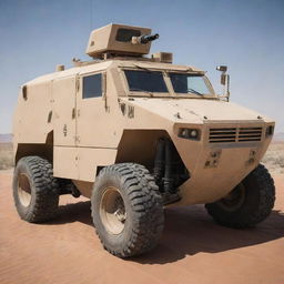 A Desertpunk armored vehicle, built to survive harsh desert conditions. The vehicle displays a sand-coated exterior for camouflage, large, wide wheels for sand navigation, additional water supplies, solar panels for energy, and sleek armor for defense against desert outlaws