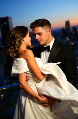 A romantic scene featuring a couple embracing tenderly, with the handsome man gently kissing the forehead of the beautiful woman