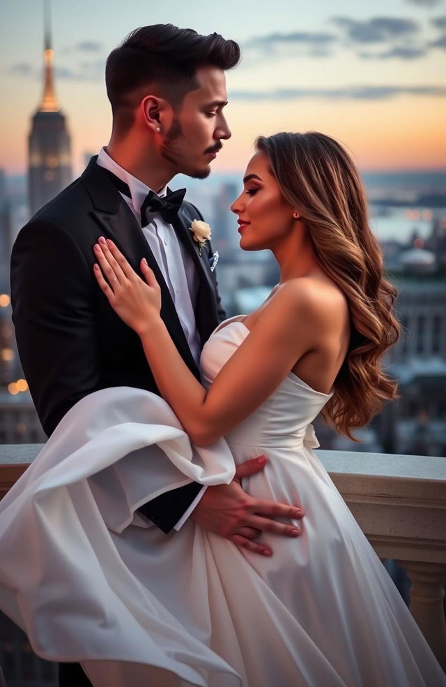 A romantic scene featuring a couple embracing tenderly, with the handsome man gently kissing the forehead of the beautiful woman