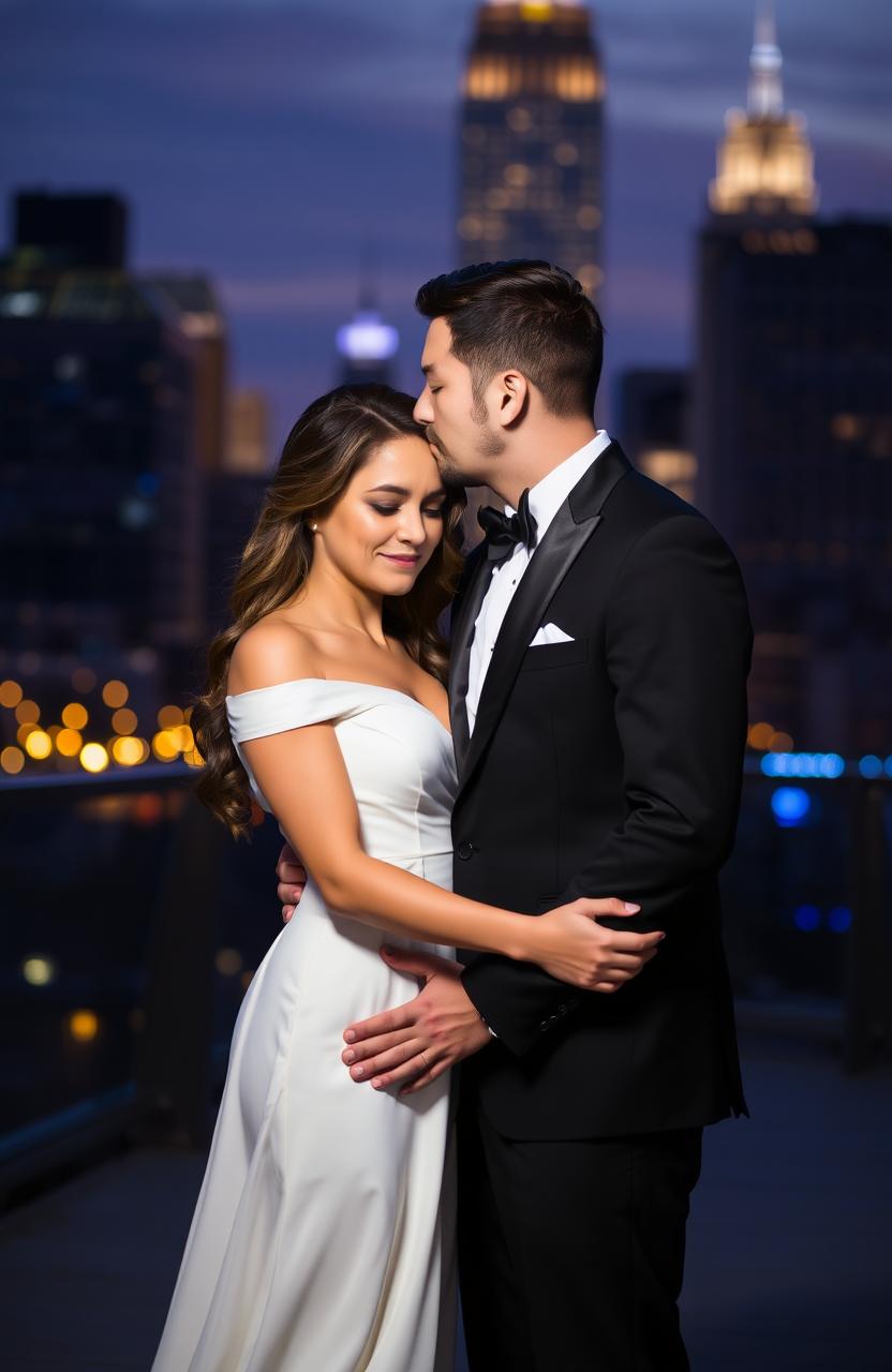 A romantic scene of a couple embracing in a city setting, the man is gently kissing the forehead of the woman