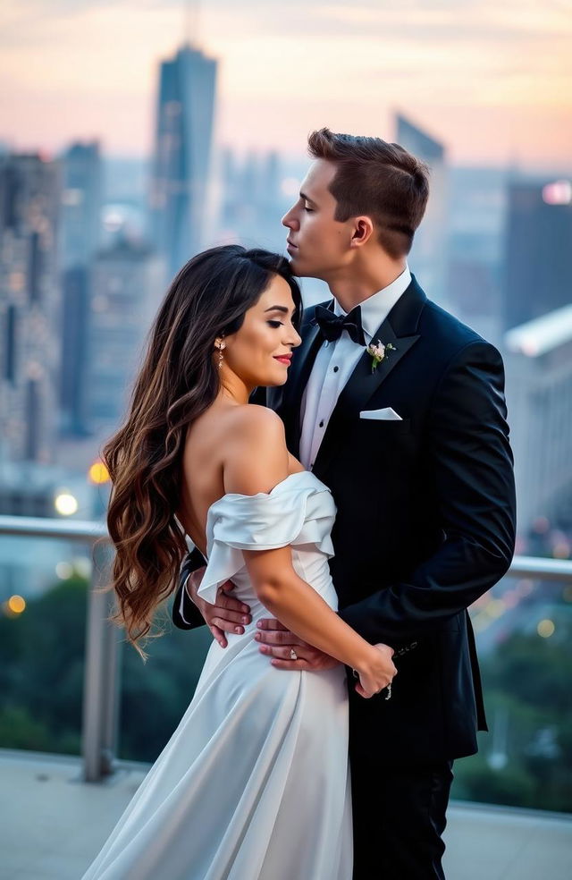 A romantic scene of a couple embracing in a city setting, the man is gently kissing the forehead of the woman