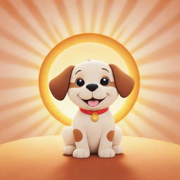 An adorable cartoon puppy basking in the radiant glow of a cheery cartoon sun.