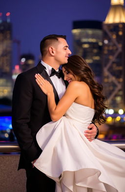 A romantic scene of a couple embracing in a city setting, the man is gently kissing the forehead of the woman