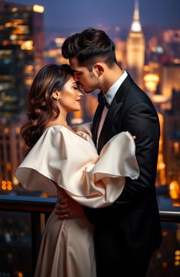 A romantic scene of a couple embracing tenderly, the man gently kissing the woman's forehead