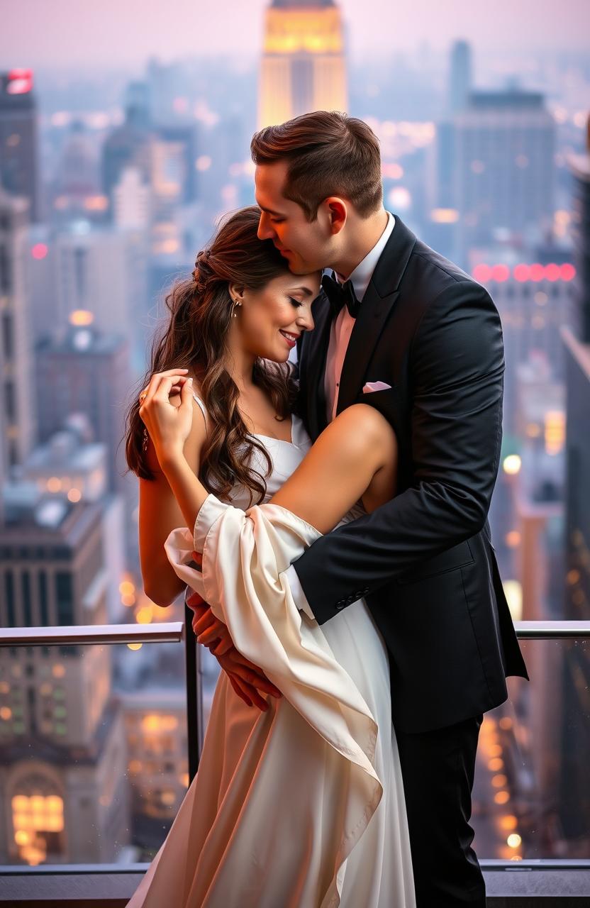 A romantic scene of a couple embracing tenderly, the man gently kissing the woman's forehead