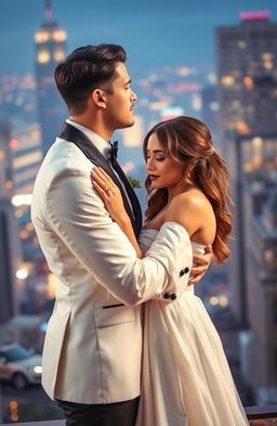 A romantic scene of a couple embracing tenderly, the man gently kissing the woman's forehead