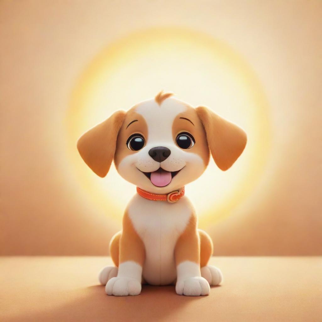 An adorable cartoon puppy basking in the radiant glow of a cheery cartoon sun.