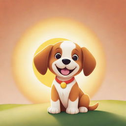 An adorable cartoon puppy basking in the radiant glow of a cheery cartoon sun.