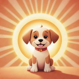 An adorable cartoon puppy basking in the radiant glow of a cheery cartoon sun.