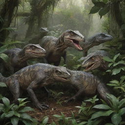 Modify the image to include a group of Velociraptors in the shady jungle, hunched over an unspecified prey, their savage feeding frenzy partially obscured by dense foliage.