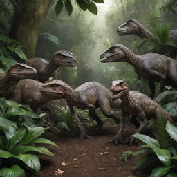 Modify the image to include a group of Velociraptors in the shady jungle, hunched over an unspecified prey, their savage feeding frenzy partially obscured by dense foliage.