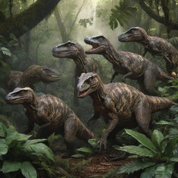 Modify the image to include a group of Velociraptors in the shady jungle, hunched over an unspecified prey, their savage feeding frenzy partially obscured by dense foliage.