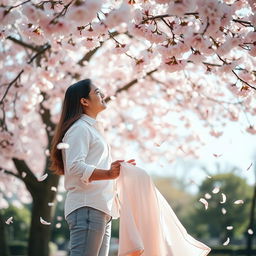 A romantic couple sharing a tender moment beneath a blooming cherry blossom tree