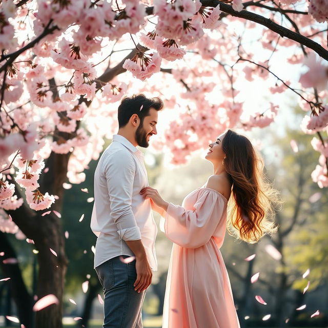 A romantic couple sharing a tender moment beneath a blooming cherry blossom tree