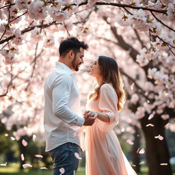 A romantic couple sharing a tender moment beneath a blooming cherry blossom tree