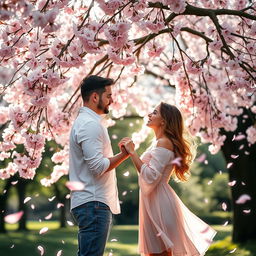 A romantic couple sharing a tender moment beneath a blooming cherry blossom tree