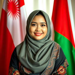 A beautiful young Indonesian Muslim woman with a blend of Central Asian features, showcasing her voluptuous figure and large, graceful presence
