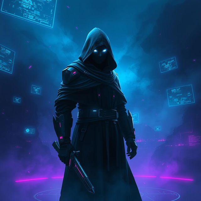 A mysterious character known as 'The Stranger' from an online game, standing in a dark, ethereal environment filled with swirling mist and glowing digital patterns