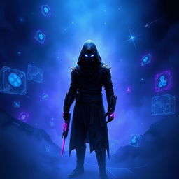 A mysterious character known as 'The Stranger' from an online game, standing in a dark, ethereal environment filled with swirling mist and glowing digital patterns