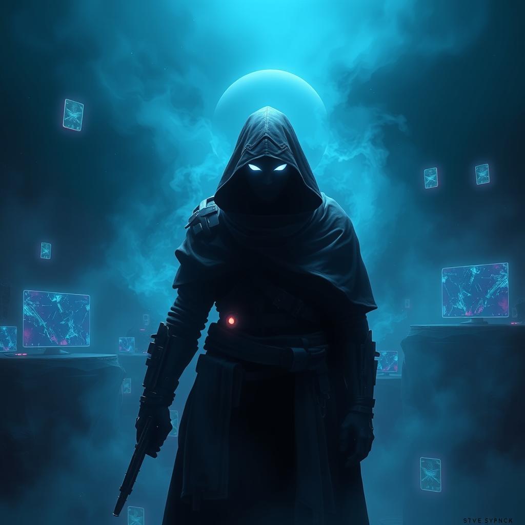 A mysterious character known as 'The Stranger' from an online game, standing in a dark, ethereal environment filled with swirling mist and glowing digital patterns