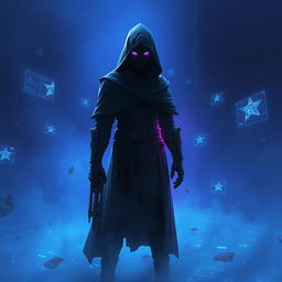 A mysterious character known as 'The Stranger' from an online game, standing in a dark, ethereal environment filled with swirling mist and glowing digital patterns