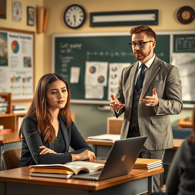 A captivating scene depicting a professional relationship where a woman is intently focused on her studies in a cozy university classroom