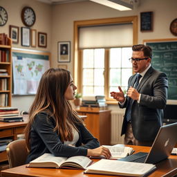 A captivating scene depicting a professional relationship where a woman is intently focused on her studies in a cozy university classroom