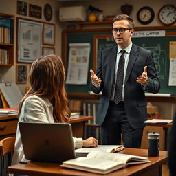 A captivating scene depicting a professional relationship where a woman is intently focused on her studies in a cozy university classroom